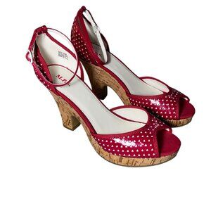 Heart N Sole - Red & White Heart Pattern Peep-Toe Cork Wedge Sandals
